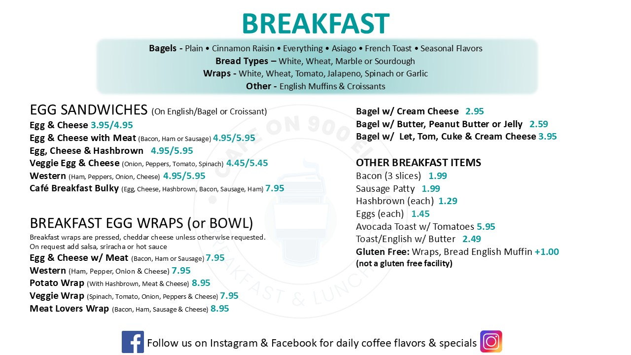 Cafe on 900 Elm breakfast menu