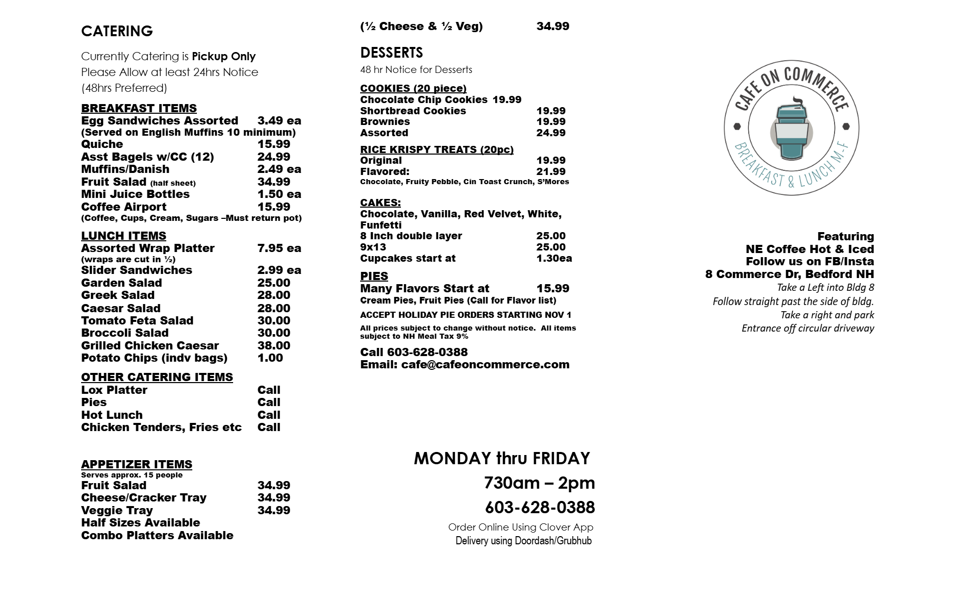 Catering menu for Cafe on Commerce