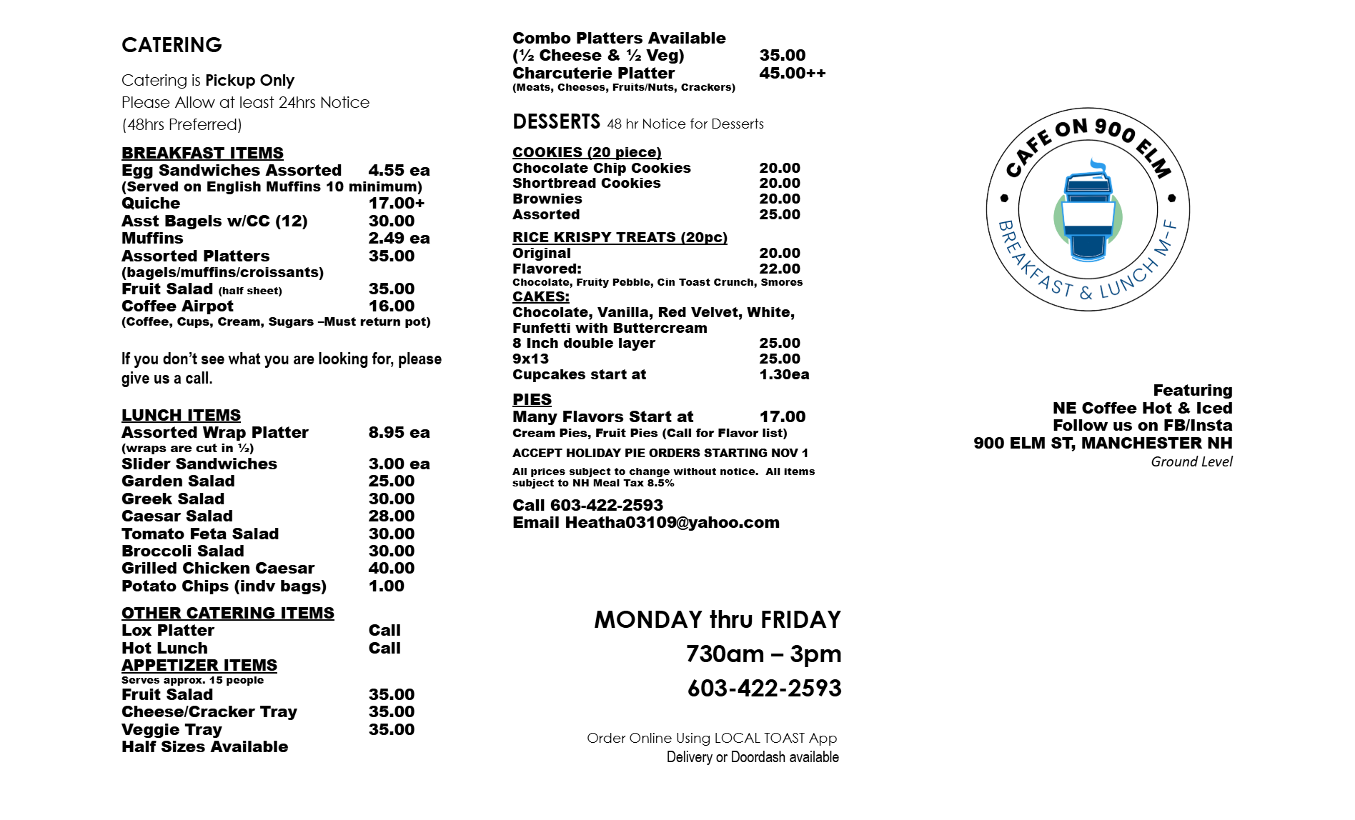 Catering menu for Cafe on 900 Elm